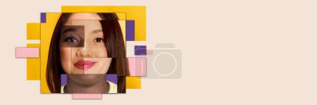 Photo for Female face made of various face parts of different women, of diversity age, race and nationality. Contemporary artwork. Ethnicity, equality, diversity, human rights concept. Banner. Copy space for ad - Royalty Free Image