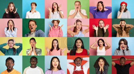 Photo for Shock, surprise. Collage made of astonished people of different age gender, race and nationality posing over multicolor background. Concept of emotions, human rights and equality, youth, ad - Royalty Free Image