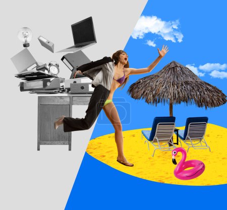 Photo for In a hurry to vacation. Office worker, woman running from workplace to summer beach near ocean. Contemporary art collage. Concept of business and vacation, inspiration, surrealism. Creative design - Royalty Free Image