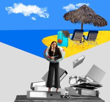 Photo for Sad girl, office worker standing with desperte face at work in swimming circle. Dreams about vacation. Contemporary art. Concept of business and vacation, inspiration, surrealism. Creative design - Royalty Free Image