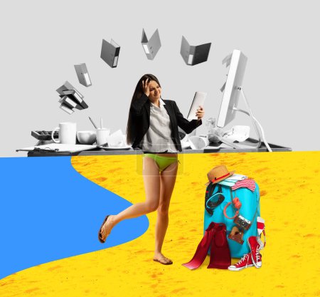 Photo for Many deadlines at work. Young female employees finishing business tasks instead of vacation. Contemporary art collage. Concept of business and vacation, inspiration, surrealism. Creative design - Royalty Free Image