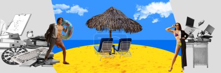 Photo for Dreaming about summer vacation. Business people, employees looking forward for holidays on beach near ocean. Contemporary art collage. Concept of business and vacation, inspiration, surrealism. - Royalty Free Image