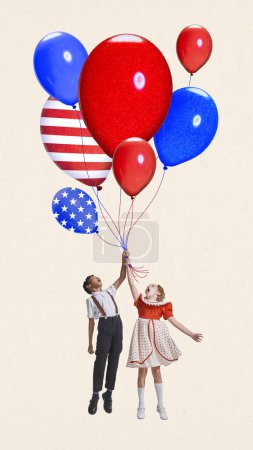 Photo for Happy kids, children flying on air balloon with american flag pattern. Celebration of independence day. Contemporary art. Vertical layout. Concept of american culture, history, holiday, 4th of july - Royalty Free Image