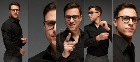 Photo for Collage. Stylish, handsome man in business classic style outfit isolated over grey background. Fashion look of businessman. Concept of business, youth, modern lisfestyle, mens beauty - Royalty Free Image