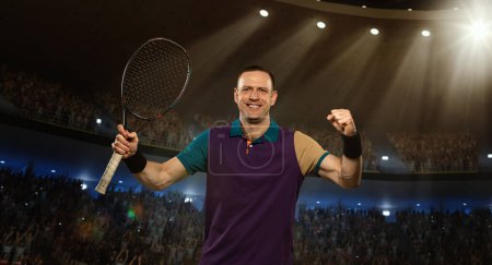 Photo for Man, professional tennis player in uniform standing with racket on 3D field with spotlights. Winning game, happiness and success. Concept of sport, competition, game, emotions - Royalty Free Image
