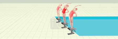 Foto de Atletas de natación femeninas en trajes de baño rojos y gorra de pie en posición, calentamiento antes de nadar. collage de arte contemporáneo. Concepto de deporte, estilo retro, creatividad, moda, actividad. Banner - Imagen libre de derechos