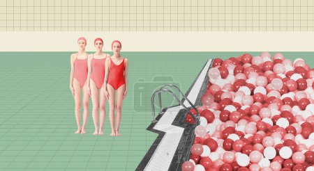 Téléchargez les photos : Trois jeunes filles en maillot de bain rouge et bonnet de bain prêt à sauter dans la piscine avec de nombreuses balles. Collage d'art contemporain. Concept de sport, style rétro, créativité, mode, activité et plaisir - en image libre de droit