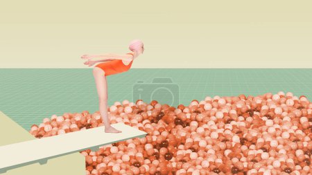 Foto de Chica joven, atleta de natación en trajes de baño rojos y gorra de natación de pie en el trampolín, listo para sumergirse en la piscina de bolas. Arte contemporáneo. Concepto de deporte, estilo retro, creatividad, moda, actividad. - Imagen libre de derechos