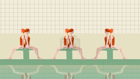 Foto de Dos chicas jóvenes, atletas de natación en trajes de baño rojos sentados espalda con espalda en el bloque de natación, entrenamiento. collage de arte contemporáneo. Concepto de deporte, estilo retro, creatividad, moda, actividad. - Imagen libre de derechos
