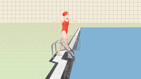 Foto de Chica joven en traje de baño rojo y gorra de natación, atleta nadando caminando en el agua, piscina para bucear. collage de arte contemporáneo. Concepto de deporte, estilo retro, creatividad, moda, actividad. - Imagen libre de derechos