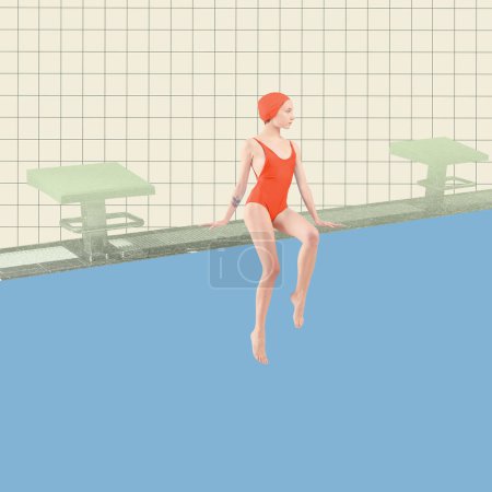 Foto de Chica joven en traje de baño rojo y gorra de natación sentado en la piscina, listo para nadar, entrenamiento. Hobby y estilo de vida. collage de arte contemporáneo. Concepto de deporte, estilo retro, creatividad, moda, actividad. - Imagen libre de derechos