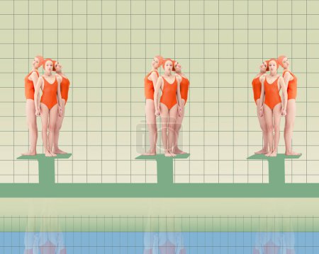Foto de Jóvenes atletas de natación en trajes de baño rojos de pie en los bloques de partida, listas para saltar a la piscina y nadar. collage de arte contemporáneo. Concepto de deporte, estilo retro, creatividad, moda, actividad. - Imagen libre de derechos