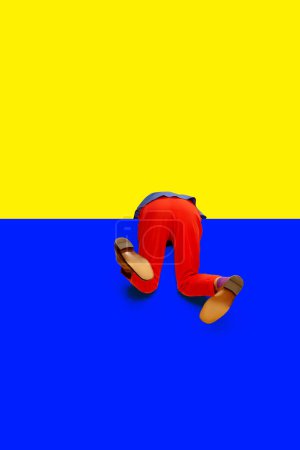 Photo for New opportunities. Male legs in red pants and classical shoes over vivid yellow blue background. Concept of art, creative vision, fashion, business. Complementary colors. Banner. Copy space for ad - Royalty Free Image