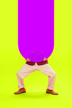 Photo for Man in classical clothes against vivid yellow background. Purple empty space for text. Vertical layout. Pop art style. Concept of art, creative vision, fashion. Complementary colors. Copy space for ad - Royalty Free Image