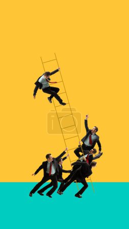 Photo for Unstable, challenging, difficult ladder to success. Businessman, motivated employee climbing upwards stair to get promotion. Contemporary art. Concept of personal and professional growth, business - Royalty Free Image