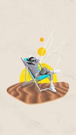 Photo for Little boy, child in striped shirt sitting on chair on sand and resting under sun. Contemporary art collage. Concept of summertime holidays, inspiration, travel, vacation, rest. Vertical layout - Royalty Free Image