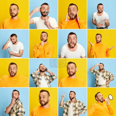Téléchargez les photos : Collage fait de portraits de jeunes hommes barbus en vêtements décontractés posant sur fond de studio bleu et jaune, exprimant diverses émotions. Accepter le mode de vie, l'expression faciale, les situations - en image libre de droit