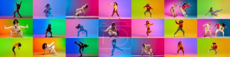 Téléchargez les photos : Collage. Images dynamiques de jeunes talentueux dansant hip-hop sur fond multicolore au néon. Concept de danse contemporaine style, jeunesse, passe-temps, action et mouvement - en image libre de droit