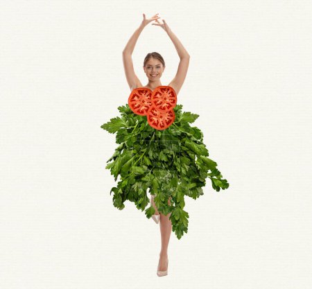 Photo for Pretty, smiling, young girl wearing tomato and greens clothes over white background. Vitamin salad. Contemporary art collage. Concept of healthy eating, food, diet, body-positivity, care, beauty - Royalty Free Image