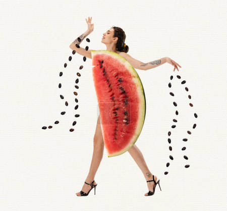 Photo for Beautiful young girl with slim body, wearing watermelon clothes over white background. Summer fruits. Contemporary art collage. Concept of healthy eating, food, diet, body-positivity, care, beauty - Royalty Free Image