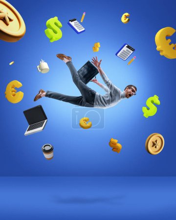 Photo for Deadlines pressure. Contemporary art collage with businessman, office worker levitating and screaming among money, devices on blue background. Concept of burnout, loses, problems, decrease profit, ad - Royalty Free Image