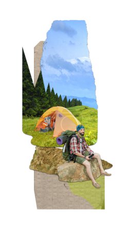 Photo for Man, tourist sitting on hill of mountain with tent. Summer camping. Beautiful nature landscape. Contemporary art collage. Concept of travelling, tourism, vacation, creativity. Poster. Ad - Royalty Free Image