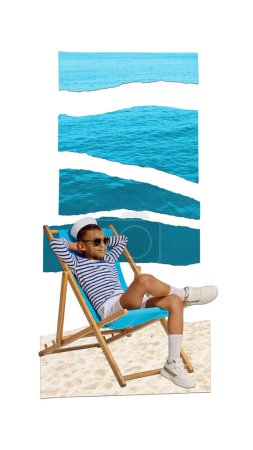 Photo for Little boy, child in striped shirt sitting on chair on sand and resting. Summer sea holidays. Contemporary art collage. Concept of travelling, tourism, vacation, creativity, inspiration. Poster. Ad - Royalty Free Image