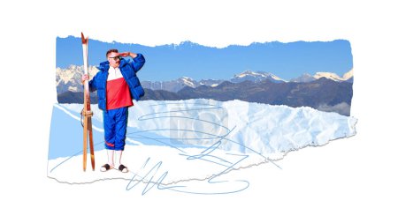 Téléchargez les photos : Homme joyeux en vêtements d'hiver et pantoufles debout sur des montagnes enneigées avec des skis et regardant autour. Vacances d'hiver. Collage d'art contemporain. Concept de voyage, tourisme, vacances. Affiche. Publicité - en image libre de droit