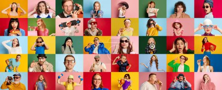 Photo for Collage made of portraits of people of different age and gender showing diversity of emotions over multicolored background. Concept of human emotions, youth, lifestyle, facial expression. Ad - Royalty Free Image