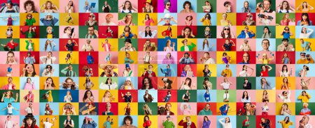Téléchargez les photos : Collage composé de portraits de personnes de différents âges et genres, d'adultes et d'enfants posant sur un fond multicolore. Concept d'émotions humaines, de jeunesse, de style de vie, d'expression faciale. Publicité - en image libre de droit