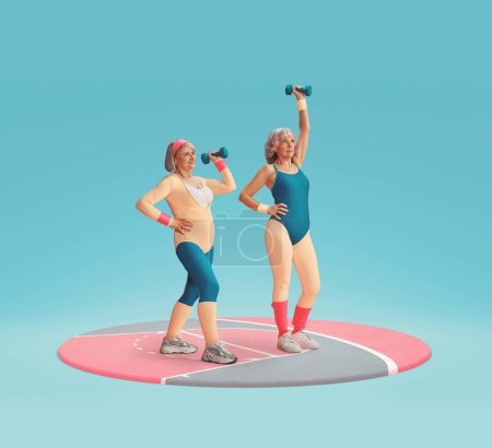Photo for Sportive, healthy, active senior women in sportswear training, doing fitness exercises with dumbbells against blue background. Concept of sportive lifestyle, health, action, motion. Copy space for ad - Royalty Free Image