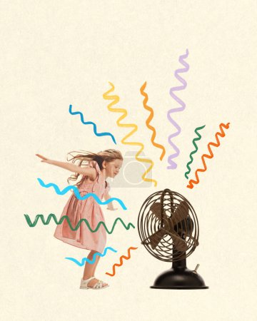 Photo for Cute little girl in pink dress, child playing, having fun, dancing near fan over light background. Contemporary art collage. Concept of summer vacation, childhood, imagination, fun, inspiration - Royalty Free Image