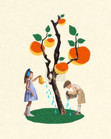 Beautiful children, boy and girl in stylish clothes taking care after garden, watering peach tree. Contemporary art collage. Concept of summer vacation, childhood, imagination, fun, inspiration