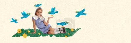 Foto de Hermosa, linda, niña, niño en vestido elegante sentado en la hierba en el cálido día de verano y jugando con las aves. collage de arte contemporáneo. Concepto de vacaciones de verano, infancia, diversión, inspiración - Imagen libre de derechos