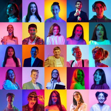 Foto de Collage hecho de retratos de jóvenes de diversas edades y género posando, sonriendo sobre fondo multicolor en luz de neón. Concepto de emociones humanas, juventud, estilo de vida, expresión facial. Anuncio - Imagen libre de derechos