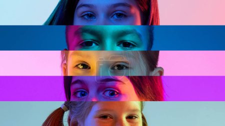 Photo for Collage made of narrow stripes with children eyes, different kids posing attentively looking over multicolored background in neon lights. Concept of human emotions, lifestyle, facial expression. Ad - Royalty Free Image