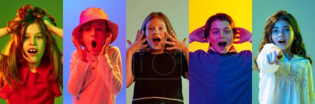 Photo for Collage made of portraits of different children, boys and girls with surprised faces over multicolored background in neon lights. Concept of human emotions, youth, lifestyle, facial expression. Ad - Royalty Free Image