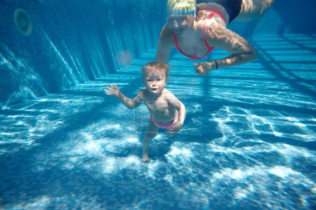 Photo for Cute little baby, girls in swimsuit walking underwater, swimming in swimming pool with her caring, loving mother. Family care. Concept of sport, healthy and active lifestyle, childhood, training - Royalty Free Image