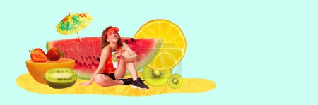 Photo for Summer vitamins. Happy, smiling girl sitting over mint colored background with watermelon, kiwi, strawberries and citrus. Contemporary art collage. Concept of organic food, creativity. Modern design - Royalty Free Image