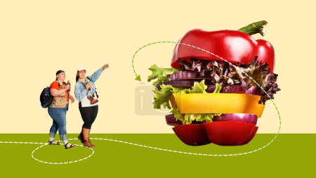 Foto de Mujeres con sobrepeso mirando hamburguesas gigantes hechas de papeles, lechuga. Seguir una dieta saludable para perder peso. collage de arte contemporáneo.Concepto de comida, creatividad, salud. Diseño moderno - Imagen libre de derechos