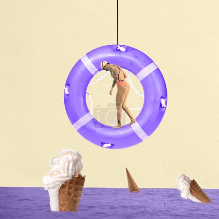 Téléchargez les photos : Femme en maillot de bain debout sur le cercle de natation au-dessus de la mer avec de la glace symbolisant les requins. Collage d'art contemporain. Design créatif. Concept de voyage, créativité, inspiration - en image libre de droit