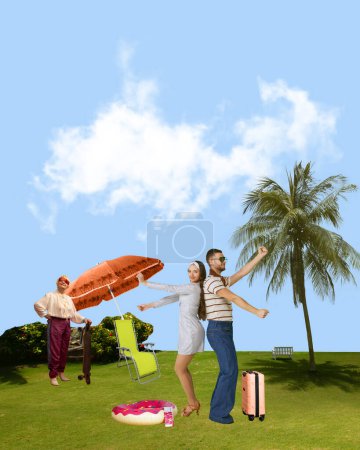 Téléchargez les photos : Joyeux jeune couple, homme femme debout sur l'herbe, dansant sous les paumes. Vacances d'été. Collage d'art contemporain. Design créatif. Concept de voyage, créativité, inspiration - en image libre de droit