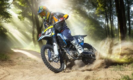 Photo for Dynamic image of professional motorcycle rider driving on cross enduro motorbike on daytime with sunlight. 3D forest render background. Concept of motosport, speed, hobby, journey, activity - Royalty Free Image