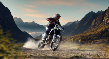 Photo for Man, professional motorcyclist in full moto equipment riding crops enduro bike on mountain road at sunset. 3D render background. Concept of motosport, speed, hobby, journey, activity - Royalty Free Image