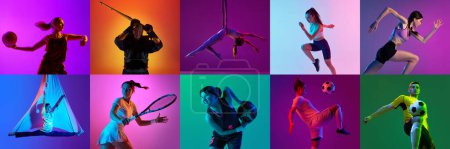 Photo for Collage made of different people in motion, training, doing various kind of sports against multicolored background in neon light. Concept of sport, action and motion, competition, game - Royalty Free Image