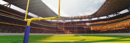Photo for 3D render image of american football stadium with yellow goal post, grass field and blurred fans on background. Concept of outdoot sport, activity, football, championship, match, game space - Royalty Free Image