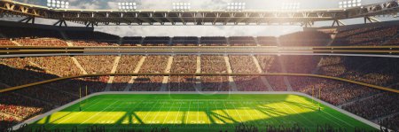 Téléchargez les photos : 3D rendre l'image du stade de football américain avec poteau de but jaune, terrain d'herbe et les fans flous à l'aire de jeux pendant le match le jour. Concept de sport de plein air, football, championnat, espace de jeu - en image libre de droit