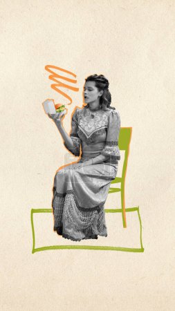 Photo for Contemporary art collage. Young beautiful girl in vintage dress, medieval princess eating burger over pastel background. Concept of comparison of eras, creativity, food and diet. Vertical layout - Royalty Free Image