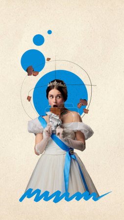 Photo for Contemporary art collage. Young charming girl in image of medieval princess in pretty dress eating bar of chocolate. Concept of comparison of eras, creativity, food, retro style. Vertical layout - Royalty Free Image