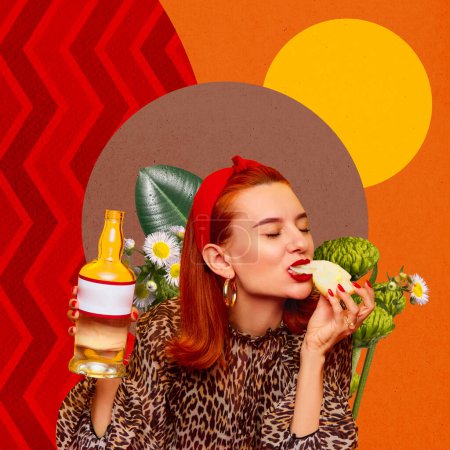 Téléchargez les photos : Collage d'art contemporain. Belle rousse qui dîne avec de la vodka, mangeant de l'oignon sur fond abstrait lumineux. Design coloré créatif. Concept de pop art alimentaire, mode, inspiration. - en image libre de droit